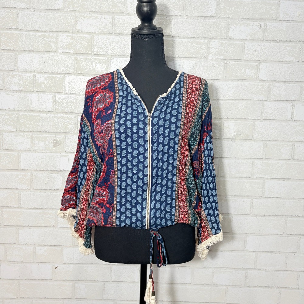 Womens Boho Paisley Patchwork Lightweight Jacker Size M Hippie Bell Sleeve 70s